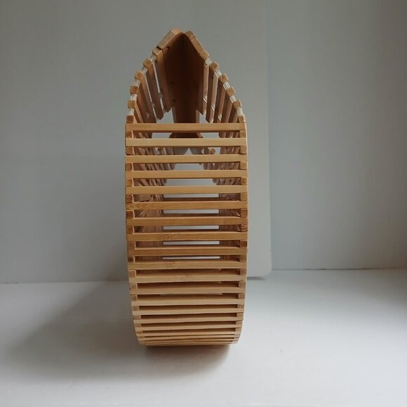 Woven Rattan Tan Bamboo Semi Circle Arc Satchel Bag - Picture 3 of 9